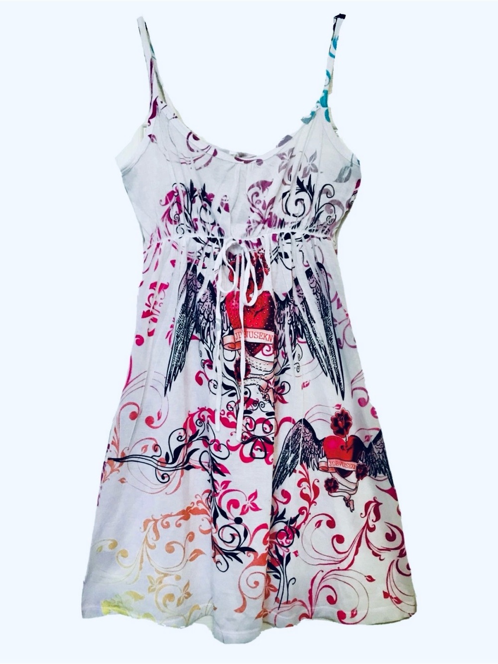 Ocean Breeze Y2K Womens Jr. S White Floral Beaded Winged Heart Floral Sundress